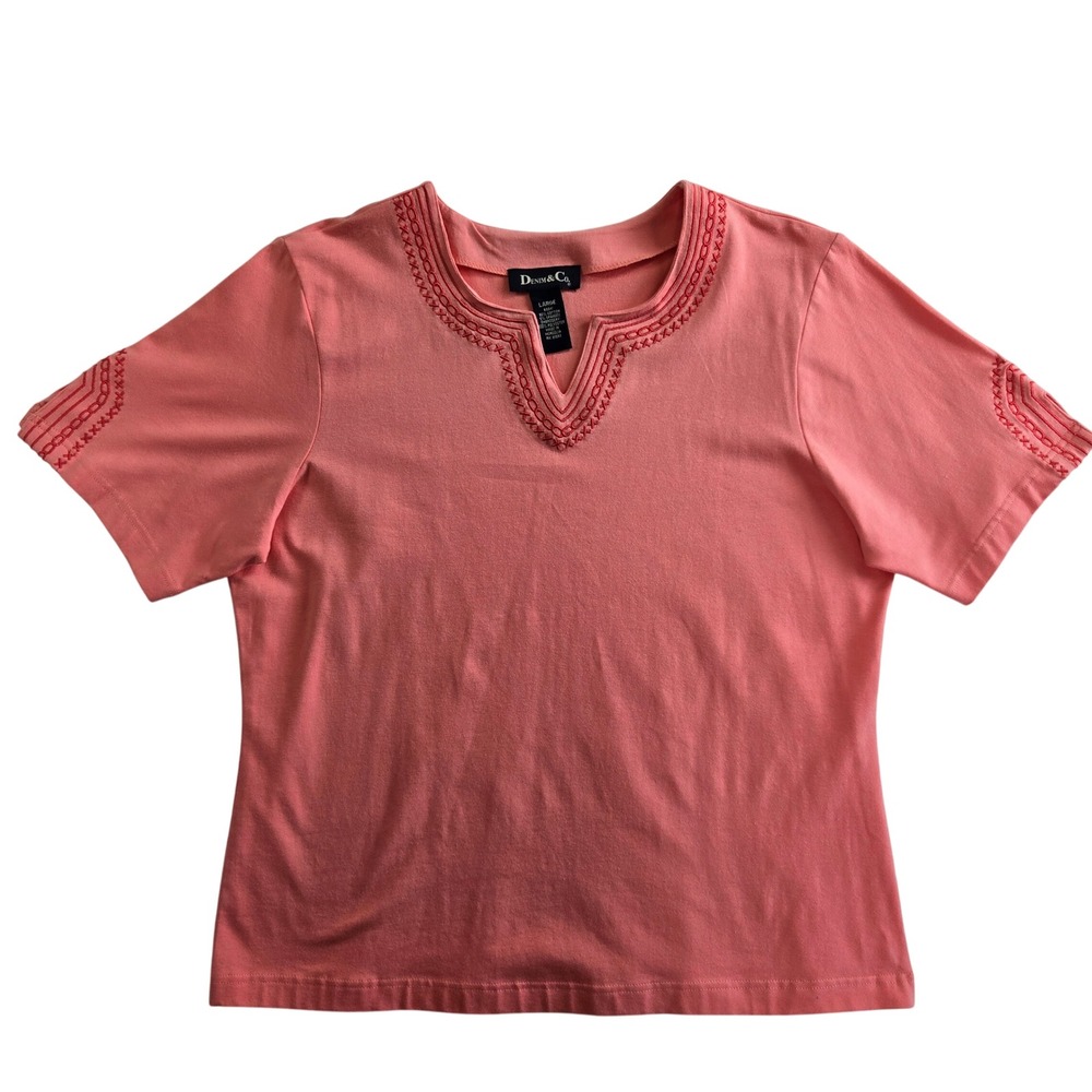 Denim & Co. Sz L Embroidered Tee Short Sleeve Casual‎ Embroidered Stretch Top